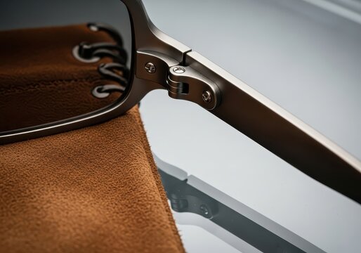 Macro Close-up of Modern Matte Metal Sunglasses Hinge Mechanism on Brown Leather Pouch