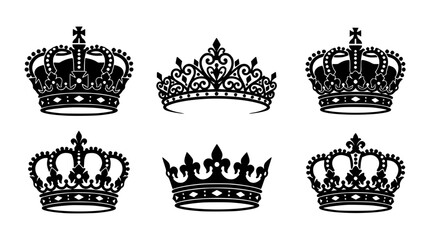 Royal crown black silhouette icon set featuring ornate imperial tiaras fleur de lis symbols for king queen luxury majesty decoration © Mohammad