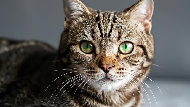 Detailed close-up portrait of a tabby cat face.