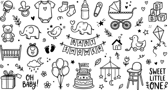 Cute hand drawn baby shower doodles collection