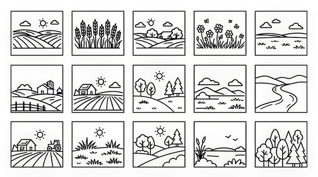 Collection of sixteen hand-drawn agricultural and weather icons in black and white.