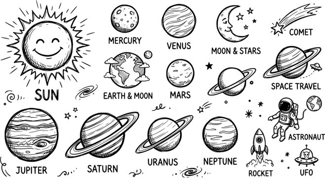 Handdrawn space and solar system elements
