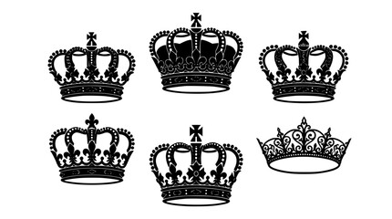 Royal crown black silhouette icon set featuring ornate imperial tiaras for king queen luxury majesty branding decoration symbols © Mohammad