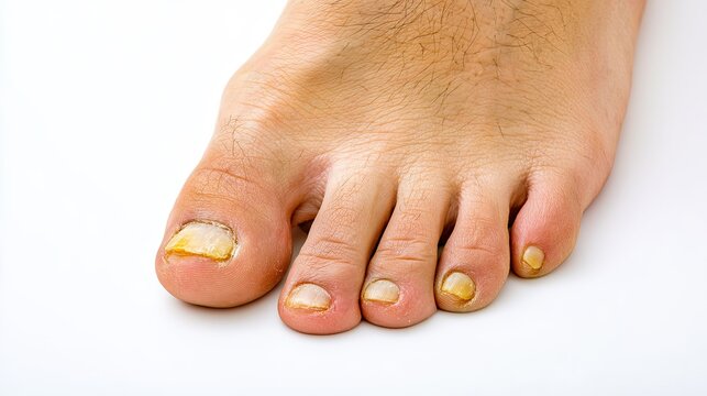 Closeup of toes with yellow thick onychomycosis toenails on white background, dermatology foot fungal disease medical reference graphic