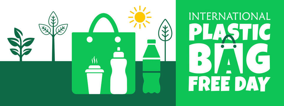 International Plastic Bag Free Day banner vector template with eco shopping bag, reusable bottle, coffee cup, plastic bottle, trees, and sun illustration on green background