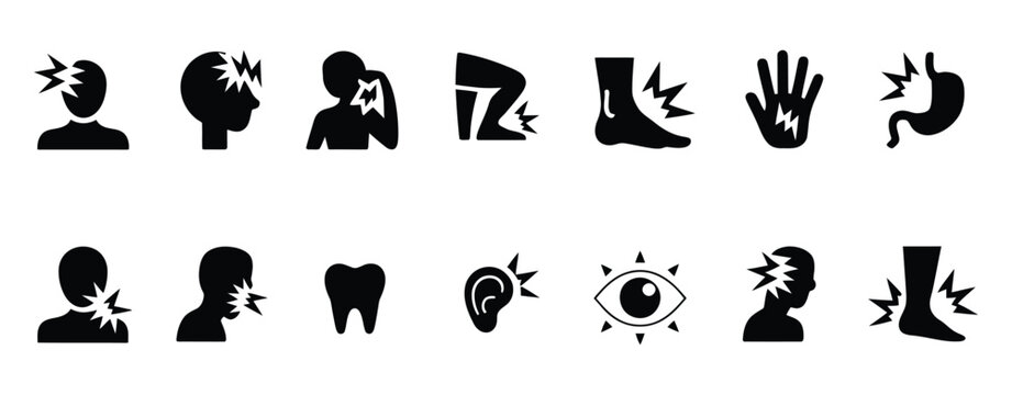 Black Glyph Icons, human body pain symbols representing headache, back pain, joint injury, medical symptoms, and common health conditions with clean vector design.