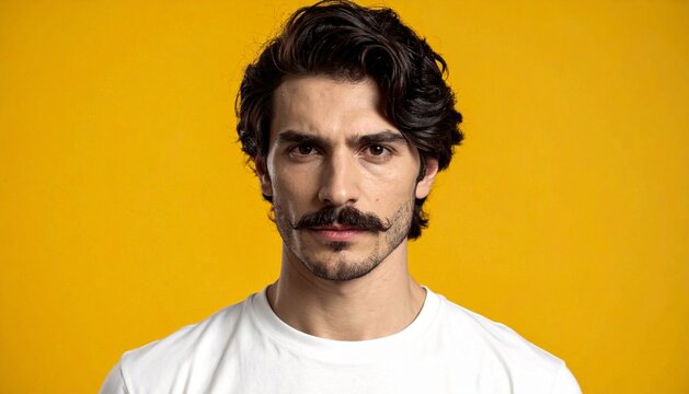 Portrait of a Handsome Young Man with a Stylish Mustache on Yellow Background