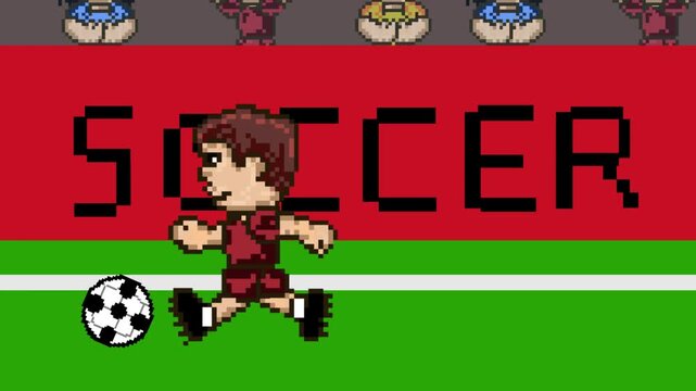 Pixel art animation of a soccer video game featuring a player running with the ball on the field, team, art, vintage.