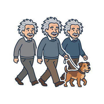 Three Albert Einsteins walking a brown dog on leash outdoors