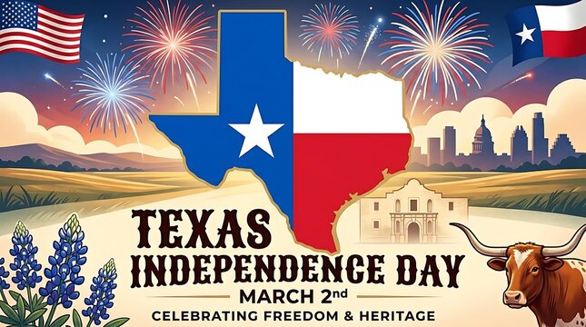 Texas Independence Day celebration with fireworks bluebonnets Alamo longhorn steer and skyline under American and Texas flags