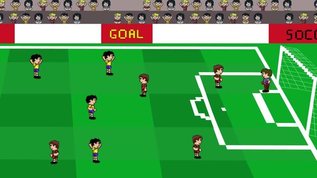 Pixel art style animation of a soccer video game with stadium and crowd, player taking a free kick and scoring a goal, ball, team, art, vintage.