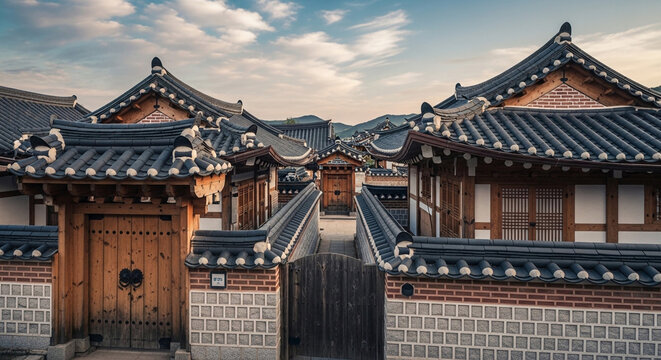 Traditional Korean Hanok village with historic tiled roofs and wooden gates under a sunset sky in South Korea