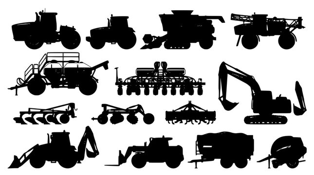 Agricultural machinery and heavy farming equipment black silhouette icon set featuring tractor combine harvester excavator plow and seeder vectors