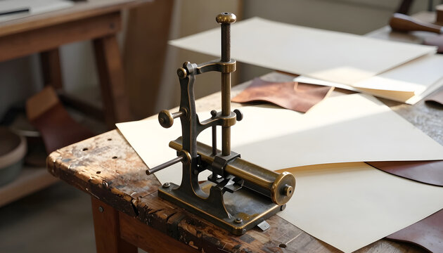 A heavy patinated bronze bookbinding press sitting on a scarred wooden workbench surrounded by scattered parchment pages.