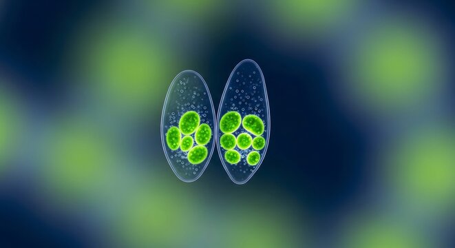 Microscopic cell division showing green organelles in blue organism