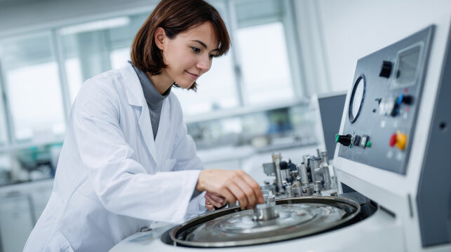 Young female scientist in white lab coat working with medical centrifuge machine in modern research laboratory