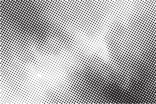 Abstract horizontal background with a dynamic black and white halftone dots pattern. Textured geometric gradient vector for modern graphic designs, comic style layouts, and web banners.