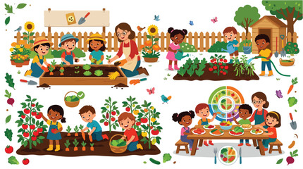 Fototapeta premium Diverse group of children and teacher gardening and eating healthy vegetables.