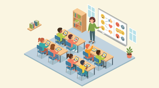 Digital Citizenship Lesson with Teacher Pointing to Emojis and Students Using Tablets in Modern Classroom