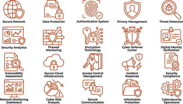 Cybersecurity monitoring and digital data protection system outline icon set collection
