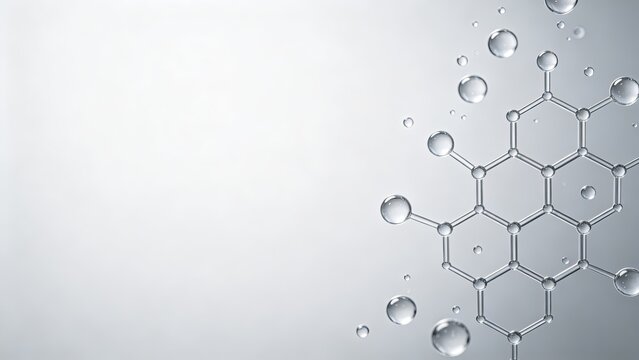 Minimal light grey background transparent hexagonal molecular structure with water bubbles, blank space skincare biotech chemistry concept graphic