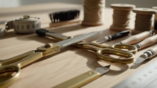 Sewing Tools and Spools of Thread on Worktable for Tailoring and Crafting Projects.
