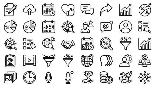 Digital marketing business and customer relationship management line icon set for social media strategy target growth financial planning