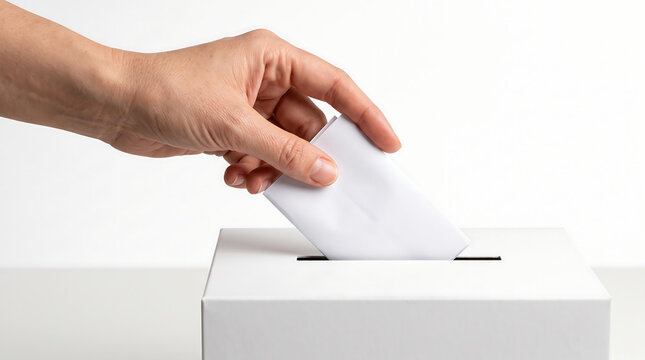Hand inserting a ballot paper into a white voting box