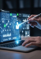 Fototapeta premium Human Resource Management System Concept with Digital Interface and Data Analytics on Laptop Screen for Business