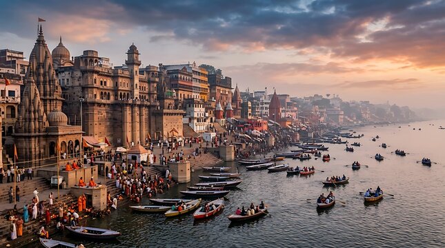 Varanasi ghats at sunrise a serene view of the ganges river with traditional boats and ancient temples in india
