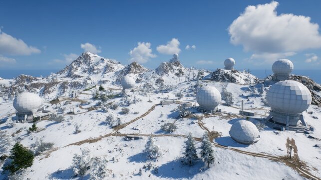 Scientific radar domes in arctic mountain winter landscape