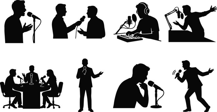 Broadcast and Podcast Silhouette Icons Set with Radio Interview Microphone and Public Speaking Concepts