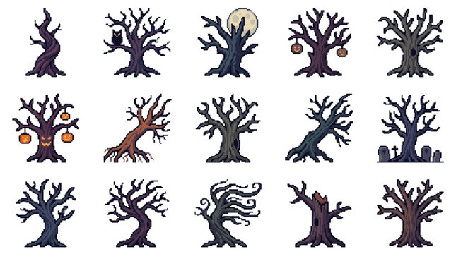 Collection of Spooky Halloween Dead Trees and Creepy Bare Branches Icons