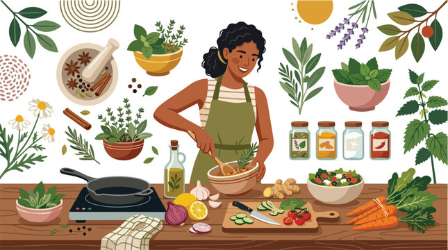 A woman wearing an apron preparing food in a kitchen with ingredients.
