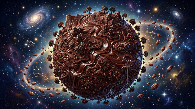 Surreal Cosmic Chocolate Planet with Cocoa Bean Rings Celebrating World Chocolate Day in a Starry Galaxy