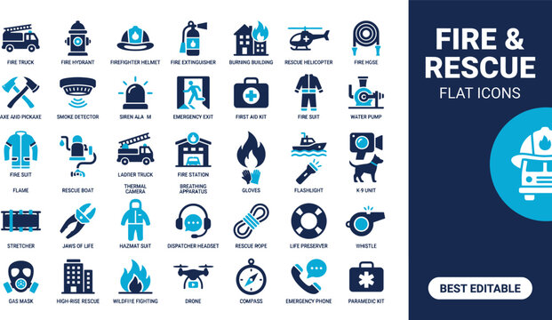 Fire and rescue flat icons vector graphic illustration, emergency response symbols