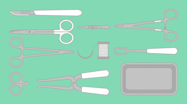 Surgical tools collection featuring scalpels and metal forceps on green