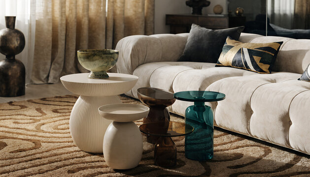 Chic modern apartment living room with a comfortable tufted white sectional sofa nesting stone side tables colorful glass decorative stools unique abstract patterned rug textured curtains and upscale 