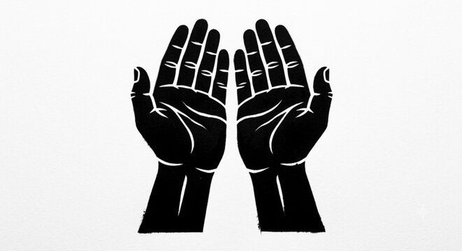 Cupped hands silhouette illustration in linocut style. Praying, begging, or receiving gesture isolated on white background.
