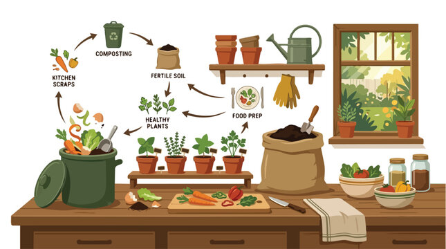 Illustration showing a circular process of home composting kitchen scraps to grow healthy indoor plants.