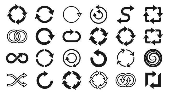 Collection of Various Black Circular Arrow Vector Icon Set with Recycle, Refresh, Reset, Infinity, and Rotation Interface Navigation Symbols