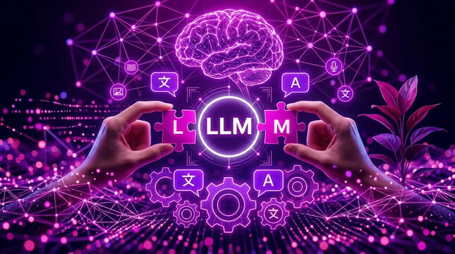 Abstract digital art depicting a luminous brain connected by a network, with puzzle pieces forming the letters LLM, symbolizing artificial intelligence and language processing