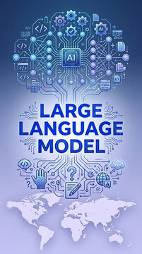 AI concept with "Large Language Model" text, circuit board graphic, icons, and world map, symbolizing global intelligence and technology.