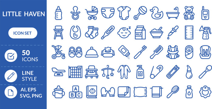 50 Minimalist Baby Care Line Icons: Nursery & Parenting Symbols for Feeding, Health & Toys - Vector