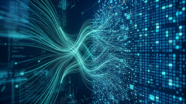 Abstract blue light streams connect to a grid of glowing digital squares, symbolizing data flow and technology, perfect for digital concepts.