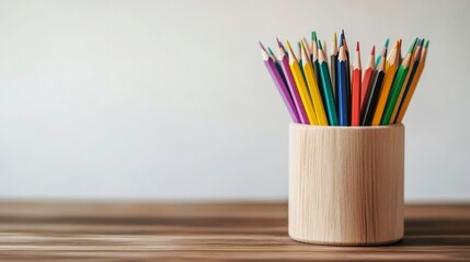 Obraz premium Wooden Pencil Holder Filled with Colorful Pencils on a Desk with Copy Space for Creative Projects and Educational Purposes