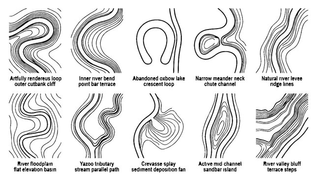 Topographic map diagrams showing river meander patterns and fluvial geomorphology landforms.