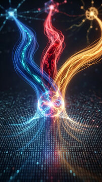 Abstract colorful energy streams flow from a central nexus over a binary code surface, symbolizing data flow, connectivity, and digital transformation
