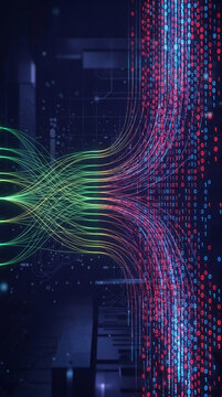 Abstract digital stream of binary code with flowing neon lines, symbolizing data flow, network connectivity, and technological advancement, suitable for tech concepts.