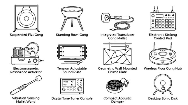 Collection of technical line art icons representing experimental sound healing and acoustic resonance equipment.